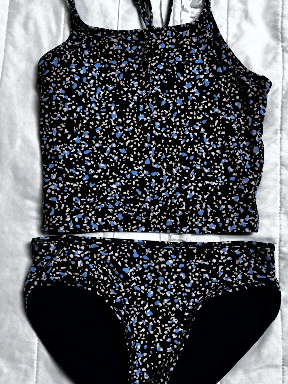 Athleta Girl Two-Piece Tankini with Blue, Green, and Light Pink Speckles